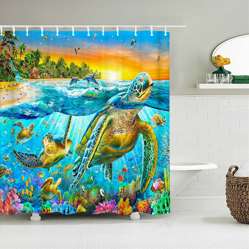 A vibrant shower curtain featuring a tropical sunset scene with dolphins and sea turtles swimming above colorful coral.