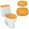 A white toilet seat with an orange cushion and two matching fabric protectors shown separately.