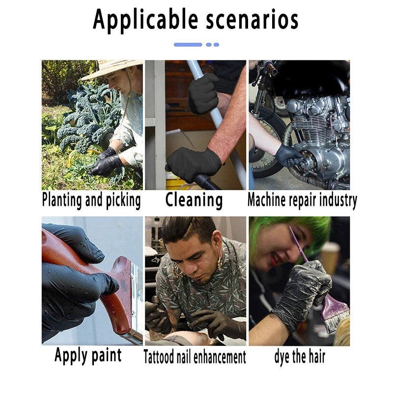 Image showing various scenarios where heavy duty disposable nitrile gloves are applicable, including planting, cleaning, mach