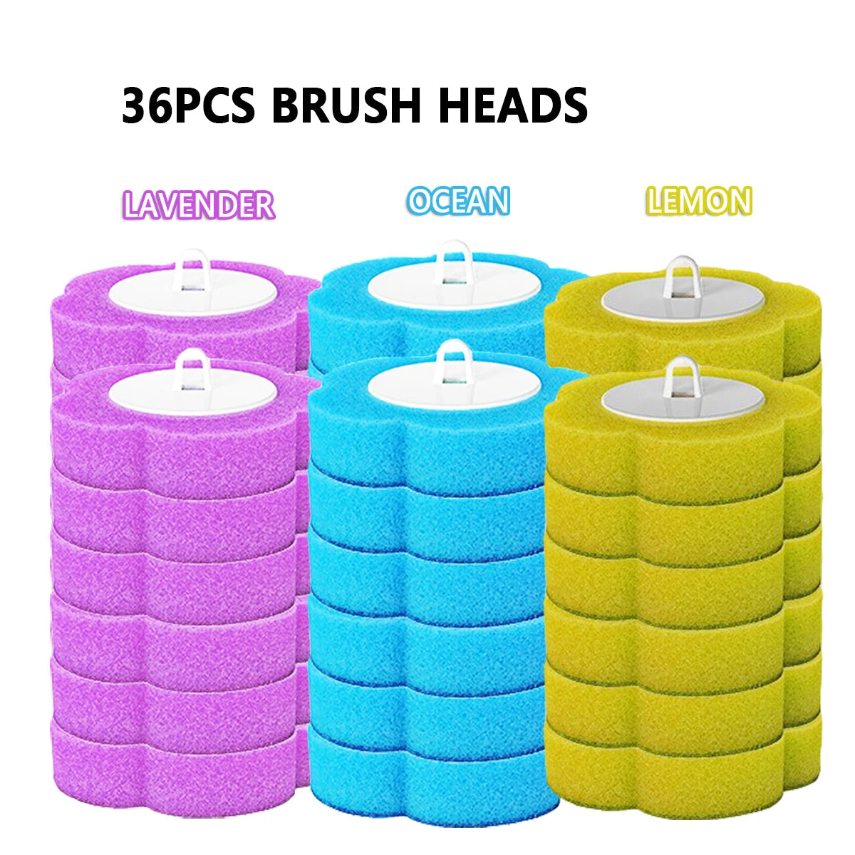 A set of 36 brush heads in lavender, ocean blue, and lemon yellow for a multi-scent disposable toilet brush set