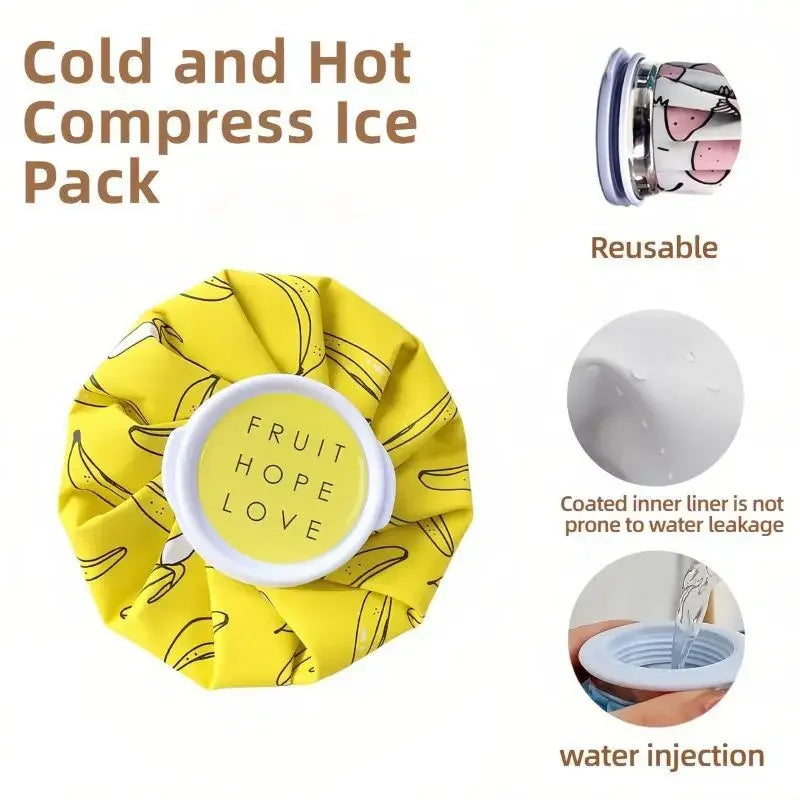 A yellow compress ice pack with a fruit hope love design and a metal ice pack component.