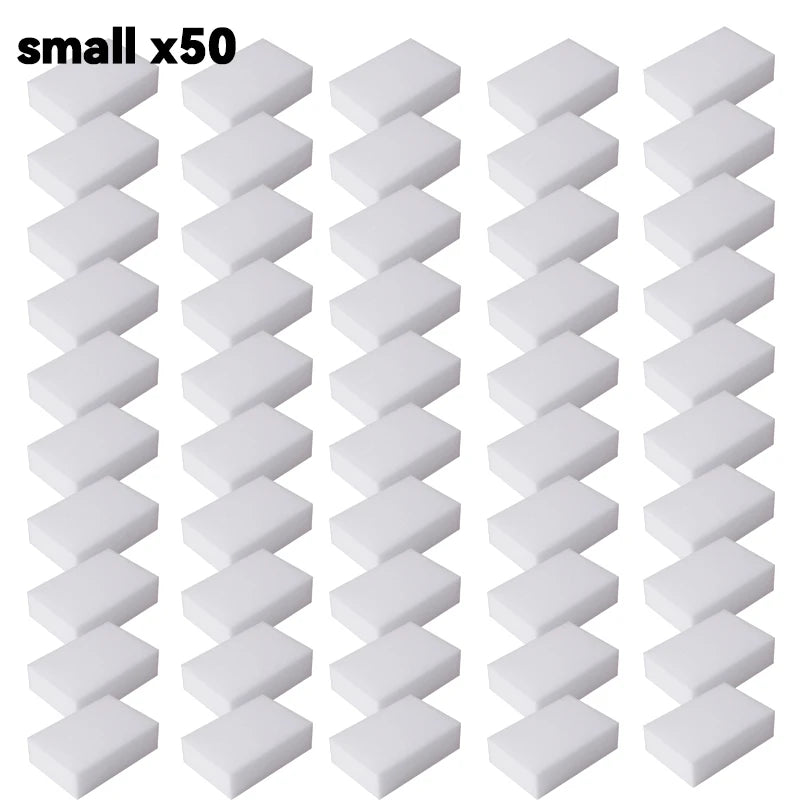 A set of fifty white melamine cleaning sponges or magic erasers.