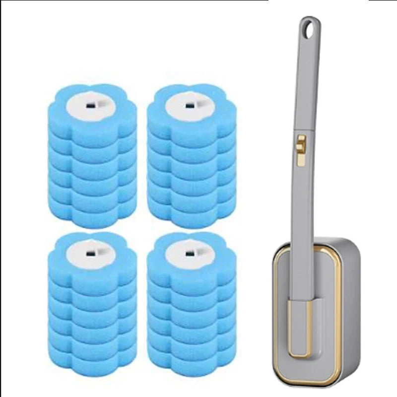 A set of blue disposable toilet brushes with long handles and a matching holder.