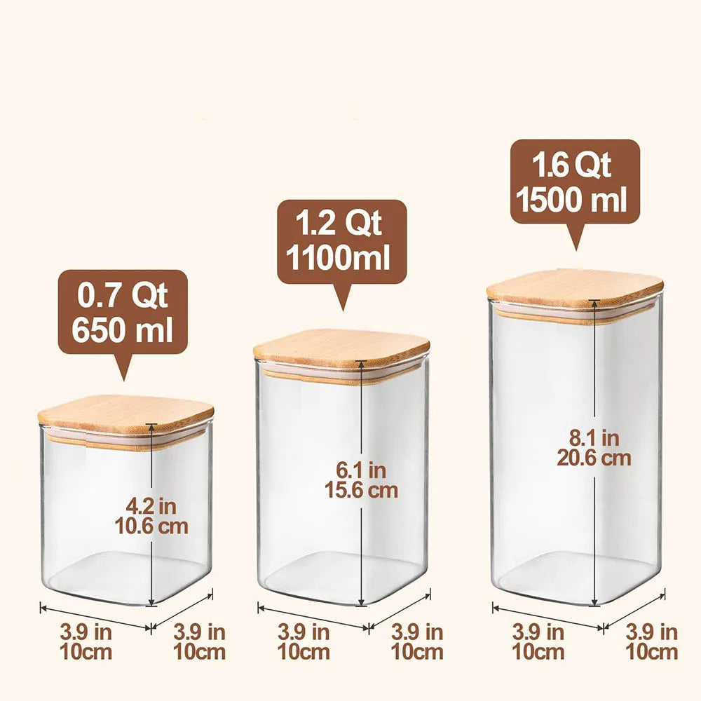 Clear glass storage canister with a wooden lid and various capacity markings.