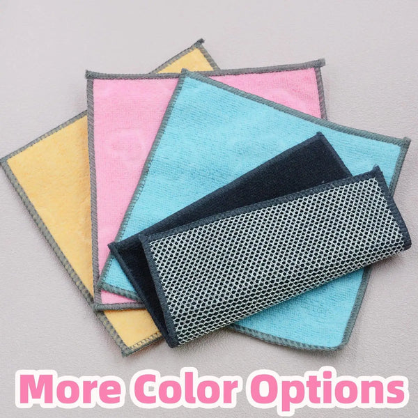 A stack of six double-sided non-scratch wire dishcloths in various colors including yellow, pink, and blue.