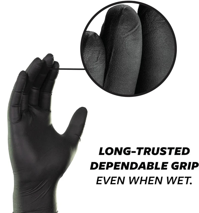 Close-up view of a black disposable nitrile cleaning glove showing the texture and grip.