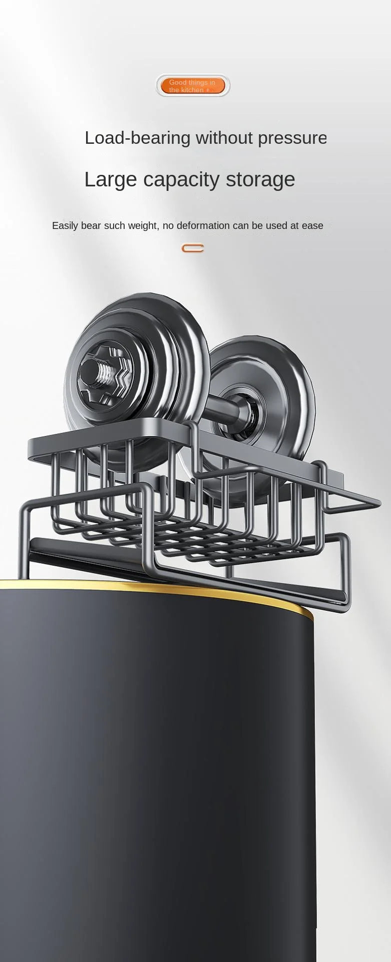 Stainless steel kitchen sink caddy with drainage tray shown above a dark sink basin.