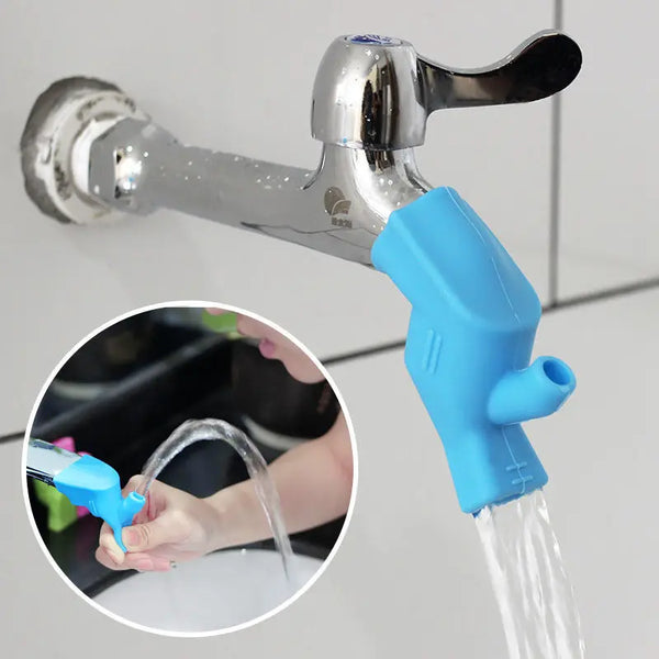 A close-up view of a flexible silicone water tap extender being used to dispense water from a faucet.
