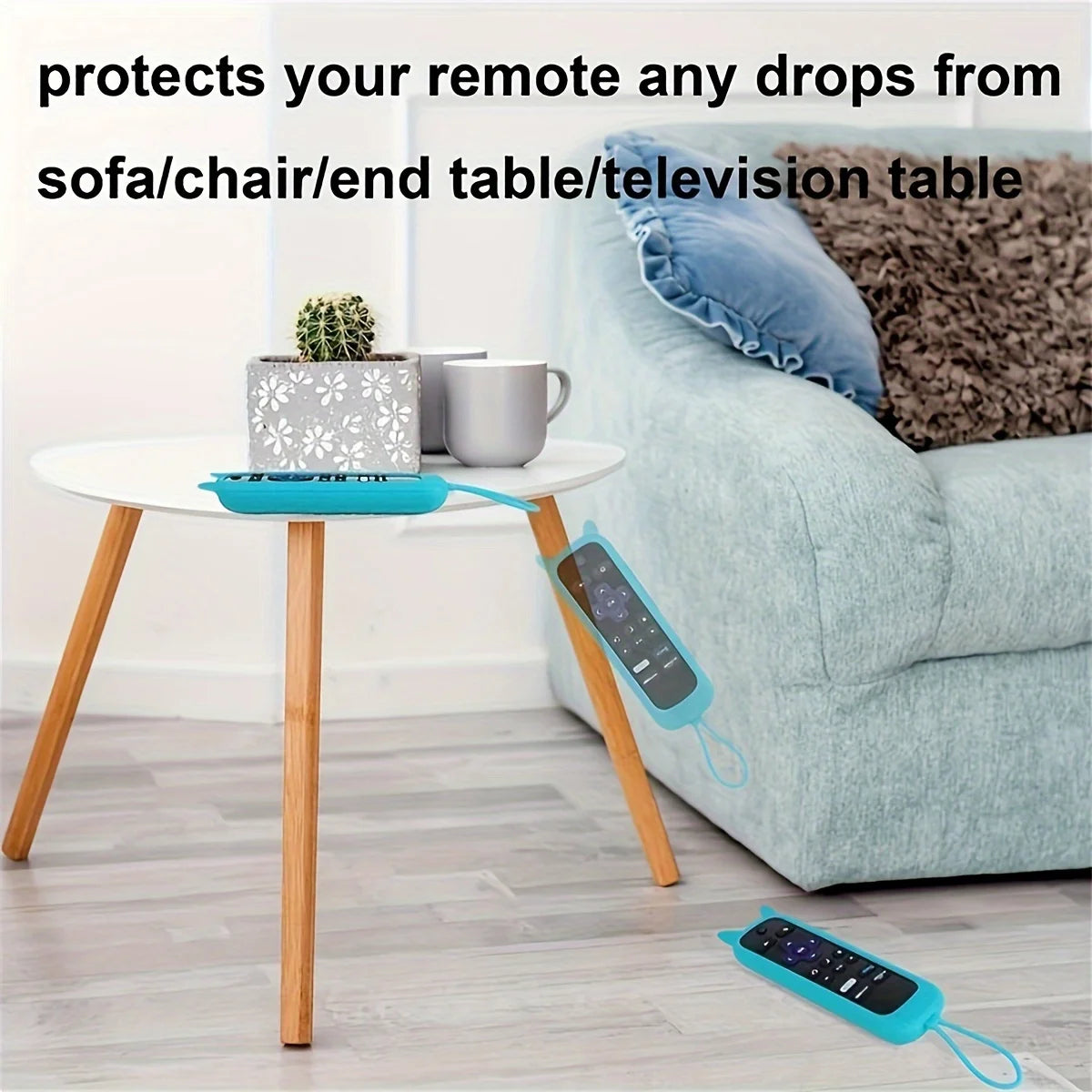 A glow-in-the-dark remote cover with cat ears is placed on a white table next to a sofa.