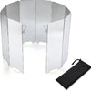 A silver multi-plate outdoor gas stove wind shield with a black carrying bag.