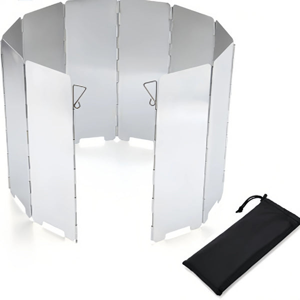 A silver multi-plate outdoor gas stove wind shield with a black carrying bag.