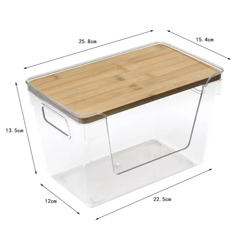 A clear plastic pantry organizer with a bamboo lid, showing its dimensions.