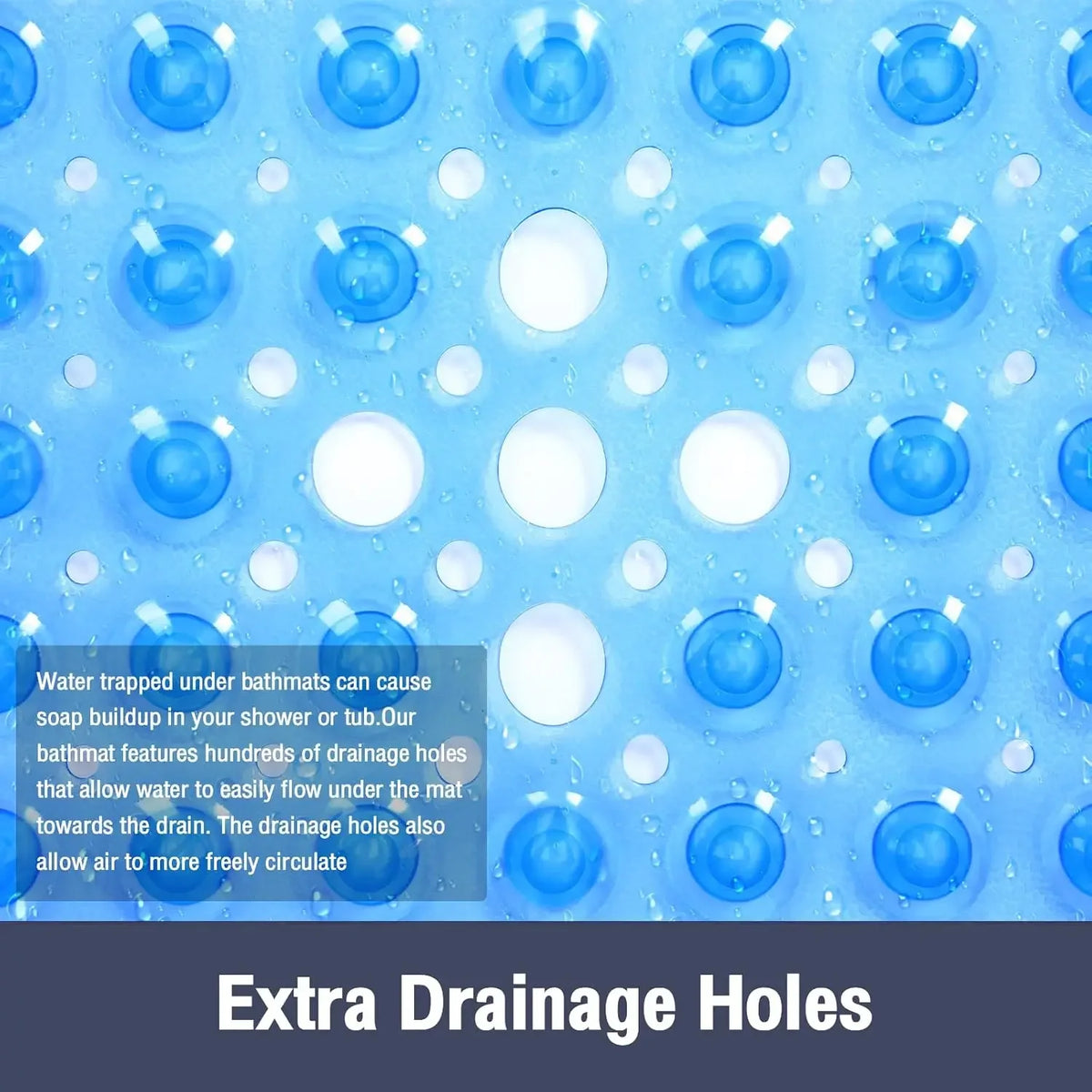 Close-up of a blue non-slip shower mat with numerous drainage holes for easy water flow.