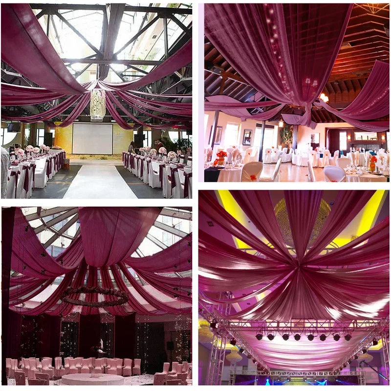Close-up view of sheer pink chiffon draping fabric suspended from a ceiling for an event backdrop.