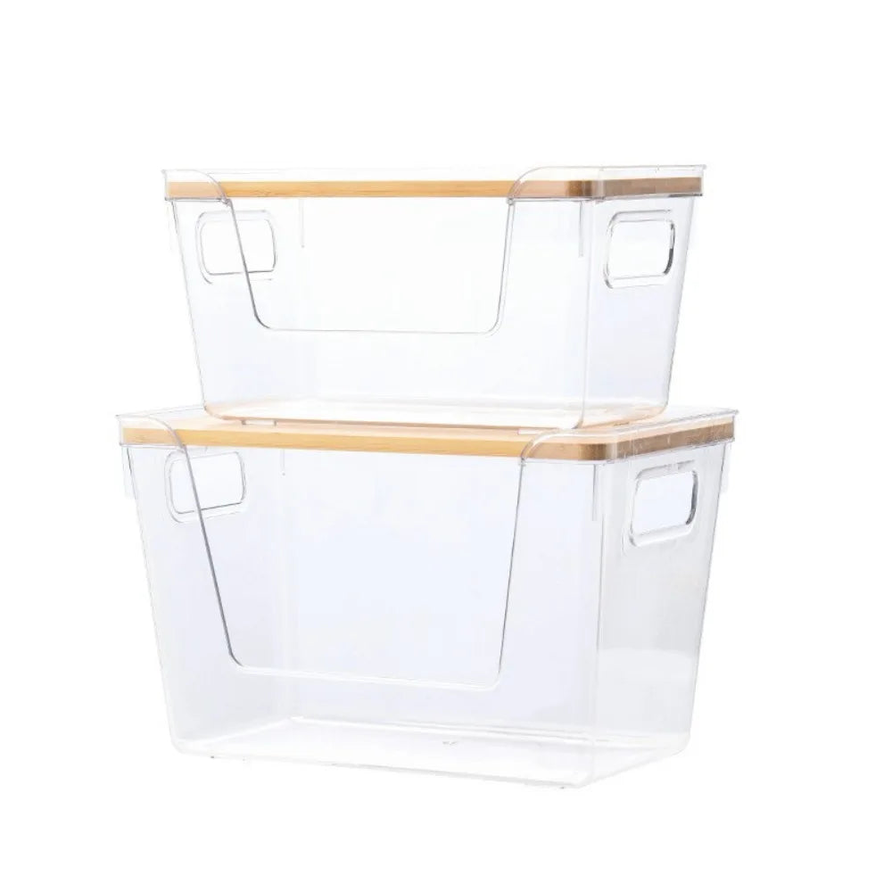 Stackable pantry organizer with a clear plastic body and a bamboo lid.