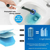 A hand is shown using a long-handled disposable toilet brush preloaded with a strong cleaner in a toilet bowl.
