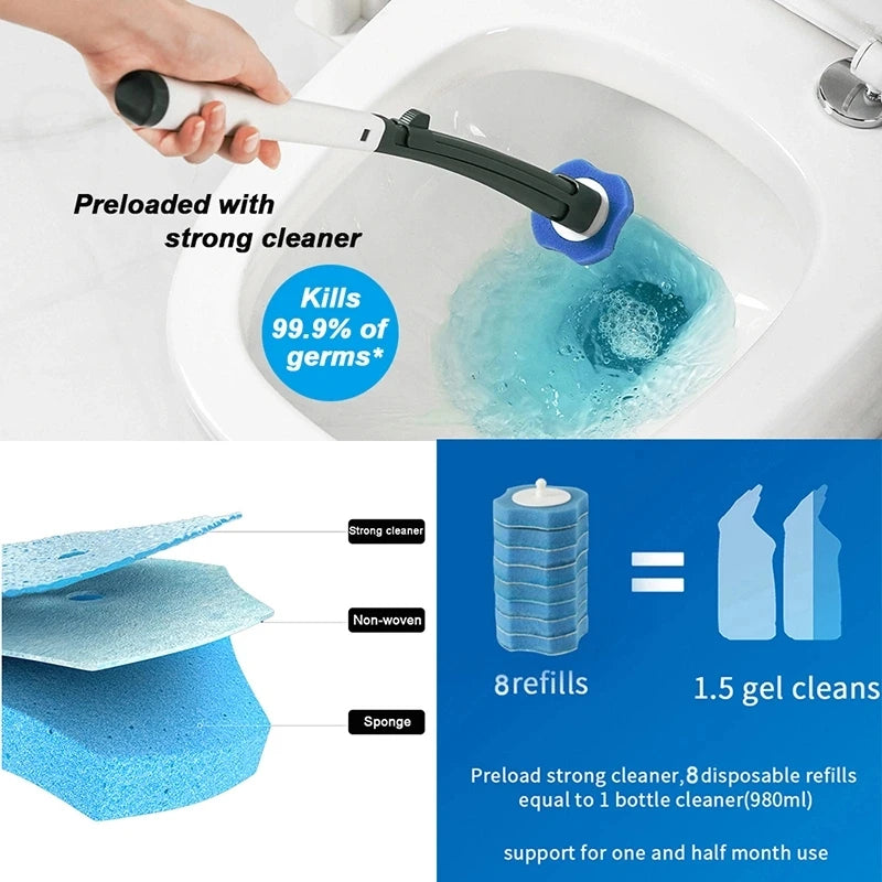 A hand is shown using a long-handled disposable toilet brush preloaded with a strong cleaner in a toilet bowl.