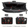 Black foldable cosmetic organizer pouch showing internal and external features including grid pockets and zipper pockets