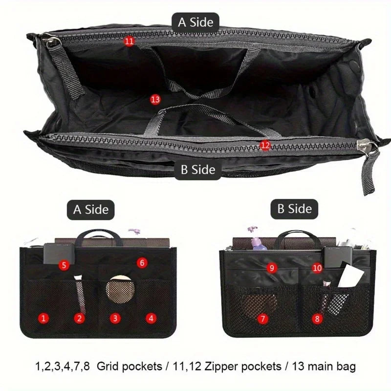 Black foldable cosmetic organizer pouch showing internal and external features including grid pockets and zipper pockets