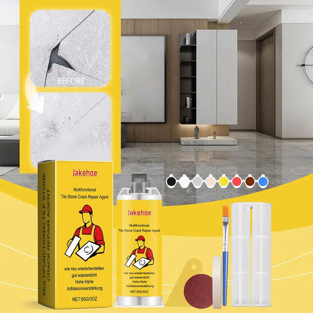 A yellow and black kit for tile stone crack repair, showing the product packaging and a bottle.