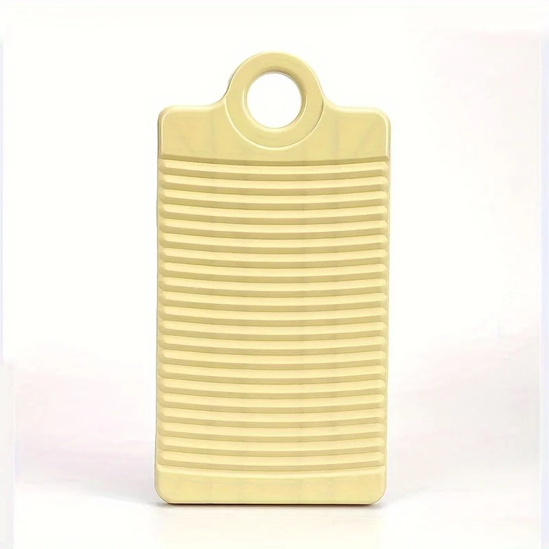 A yellow, ribbed plastic tag or label with a loop handle.