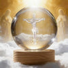 A crystal ball displaying a crucifix silhouette against a bright, ethereal background with figures in the distance.