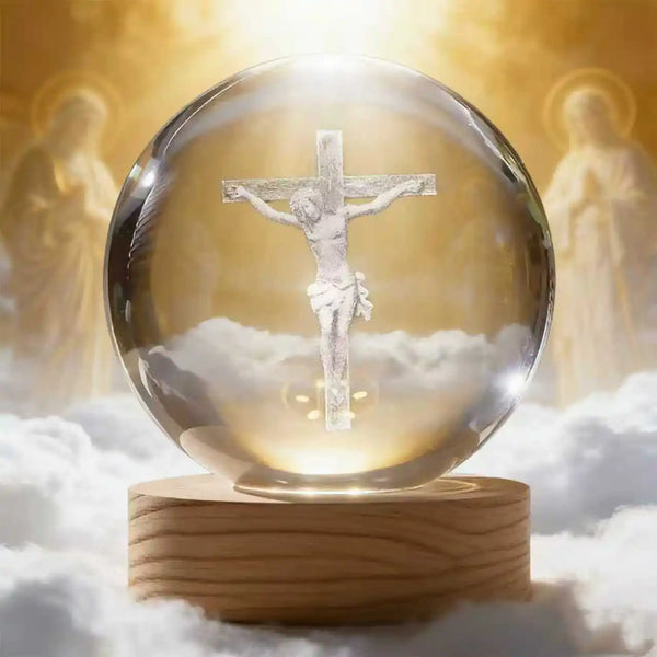 A crystal ball displaying a crucifix silhouette against a bright, ethereal background with figures in the distance.