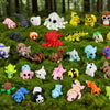 A collection of 50 mini 3D printed animal figurine set in a green textured environment.