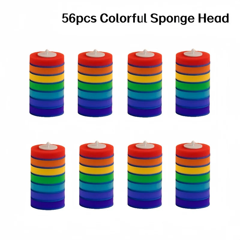 Un ensemble de 56 têtes de sponge colorées disposées en rangées pour un porte-brosse de toilette mural.