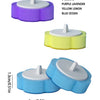 A set of three colored disposable toilet brushes in purple lavender, yellow lemon, and blue ocean.