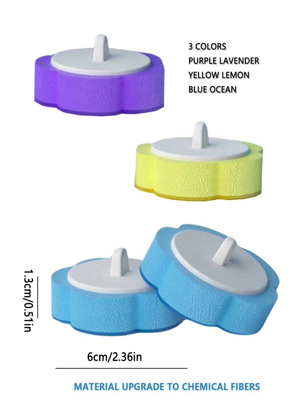 A set of three colored disposable toilet brushes in purple lavender, yellow lemon, and blue ocean.