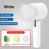 White electric spin scrubber with three free replaceable brush heads for cleaning
