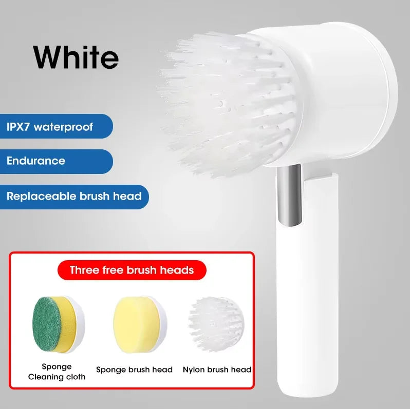 White electric spin scrubber with three free replaceable brush heads for cleaning