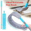 A 130cm retractable dust brush with a gray bristled head and blue handle is shown cleaning a surface.