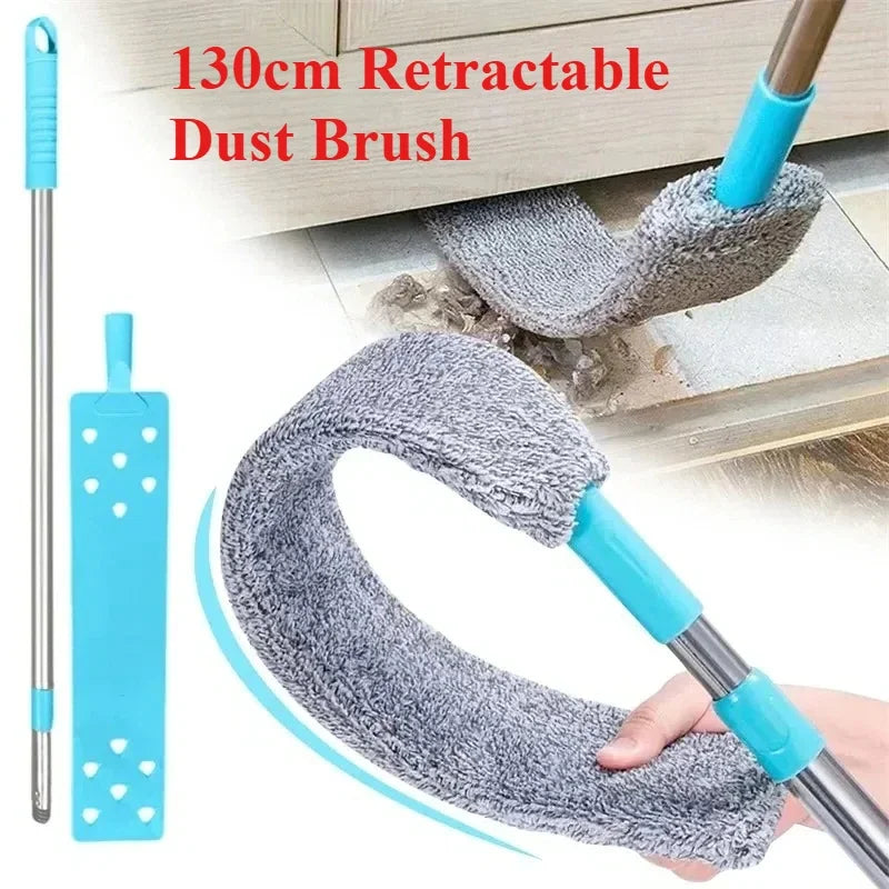 A 130cm retractable dust brush with a gray bristled head and blue handle is shown cleaning a surface.