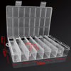 A clear plastic storage box with a lid, featuring 24 compartments for organizing jewelry, beads, and small items.
