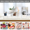 Acrylic stackable buffet riser displaying various food items, including fruit, dessert, and cosmetics.