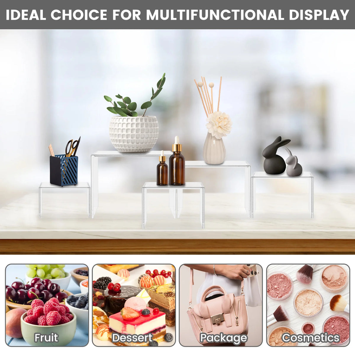 Acrylic stackable buffet riser displaying various food items, including fruit, dessert, and cosmetics.