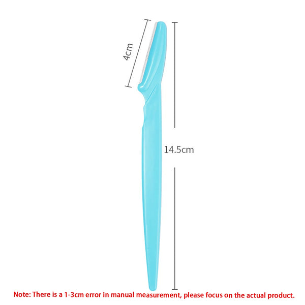 A light blue multi-purpose eyebrow razor set shown vertically with dimension markings.