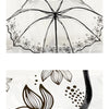 A black retro transparent folding umbrella with floral patterns displayed against a white background.