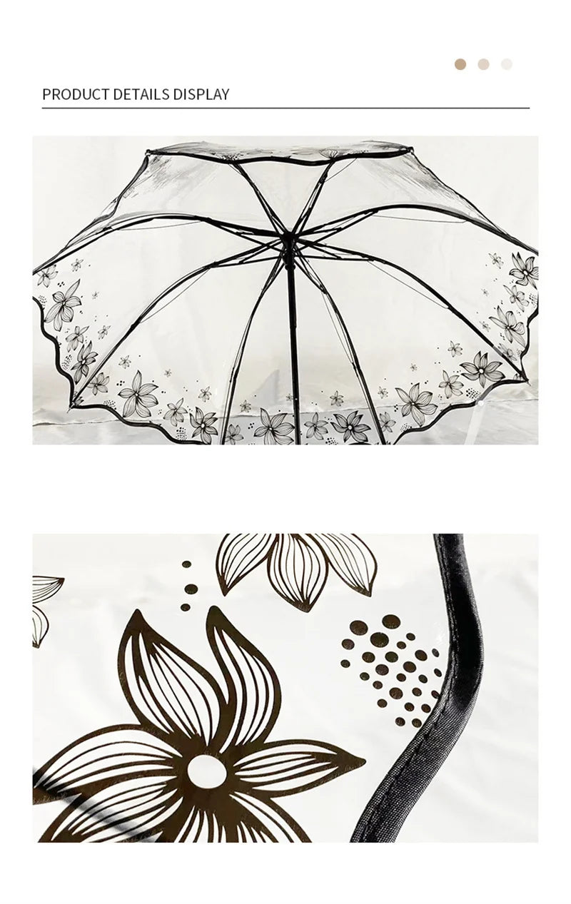 A black retro transparent folding umbrella with floral patterns displayed against a white background.
