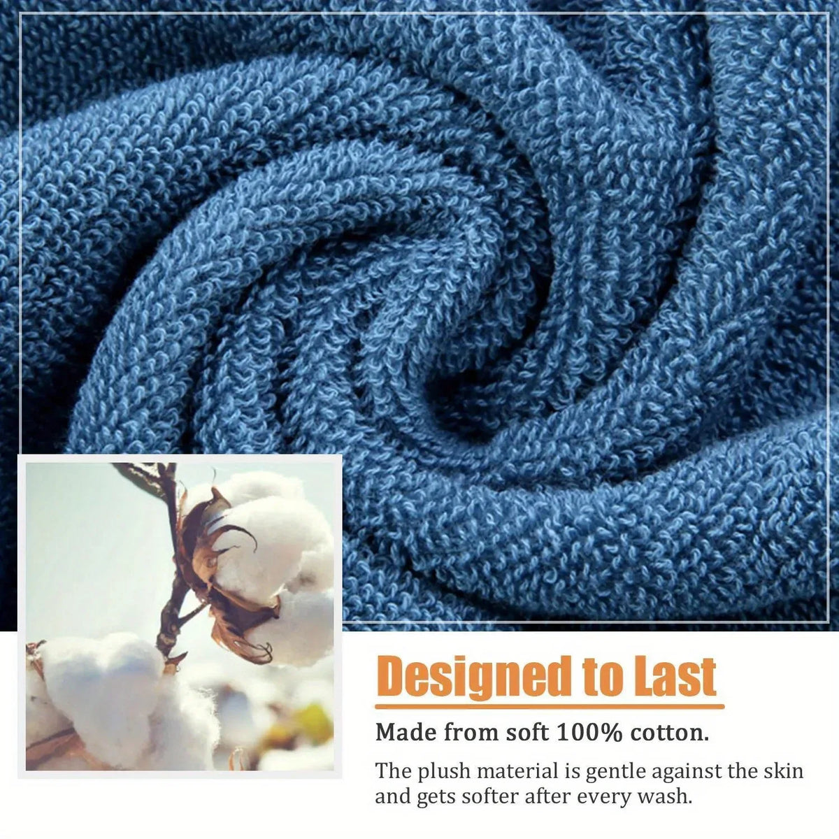 A close-up of a deep blue knitted towel with a spiral pattern, made from soft 100% cotton.