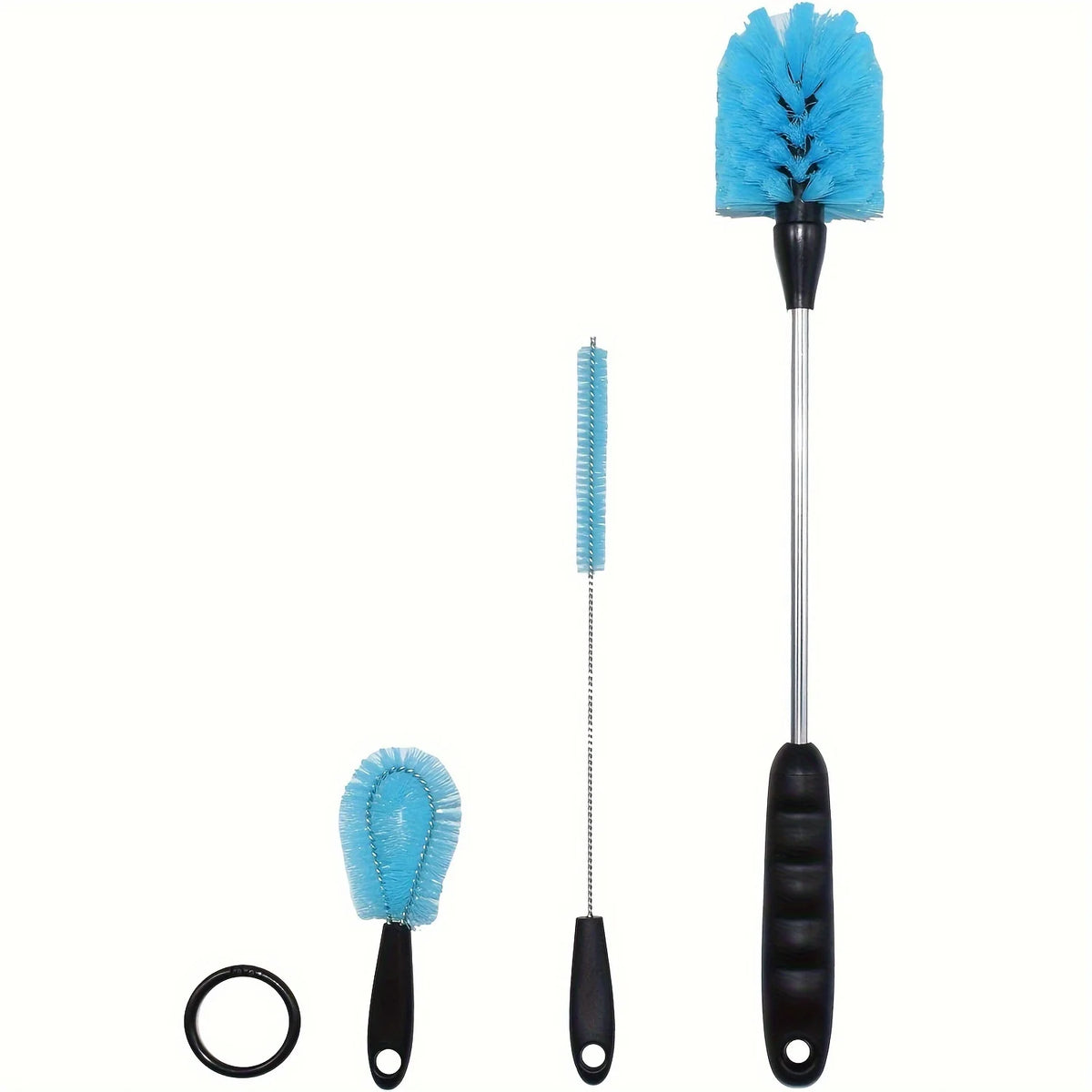 A set of three stainless steel bottle brushes with long handles, featuring blue bristles and a metal cleaning tool.