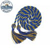 A bundle of blue and yellow graduation honor cord with tassel ends coiled into a spiral.