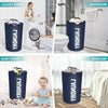 Navy foldable laundry basket with padded handle shown in various rooms like laundry room, bathroom, baby room, and bedroom.