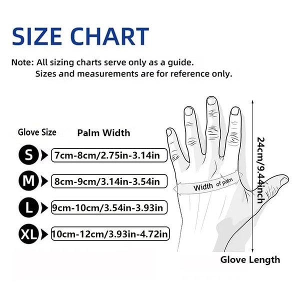 Size chart for disposable nitrile cleaning gloves showing measurements for sizes S through XL.