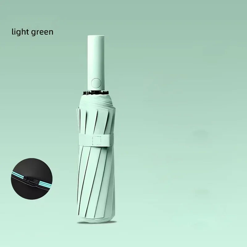 A light green heavy-duty automatic windproof umbrella shown standing upright.