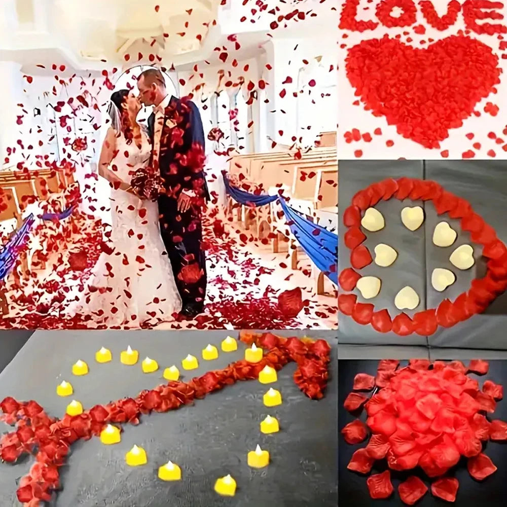 Colección de pétalos artificiales de rosa roja para decoración, incluyendo formas de corazón y hebras largas.