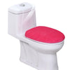 A white toilet with a bright pink protective seat cover installed.