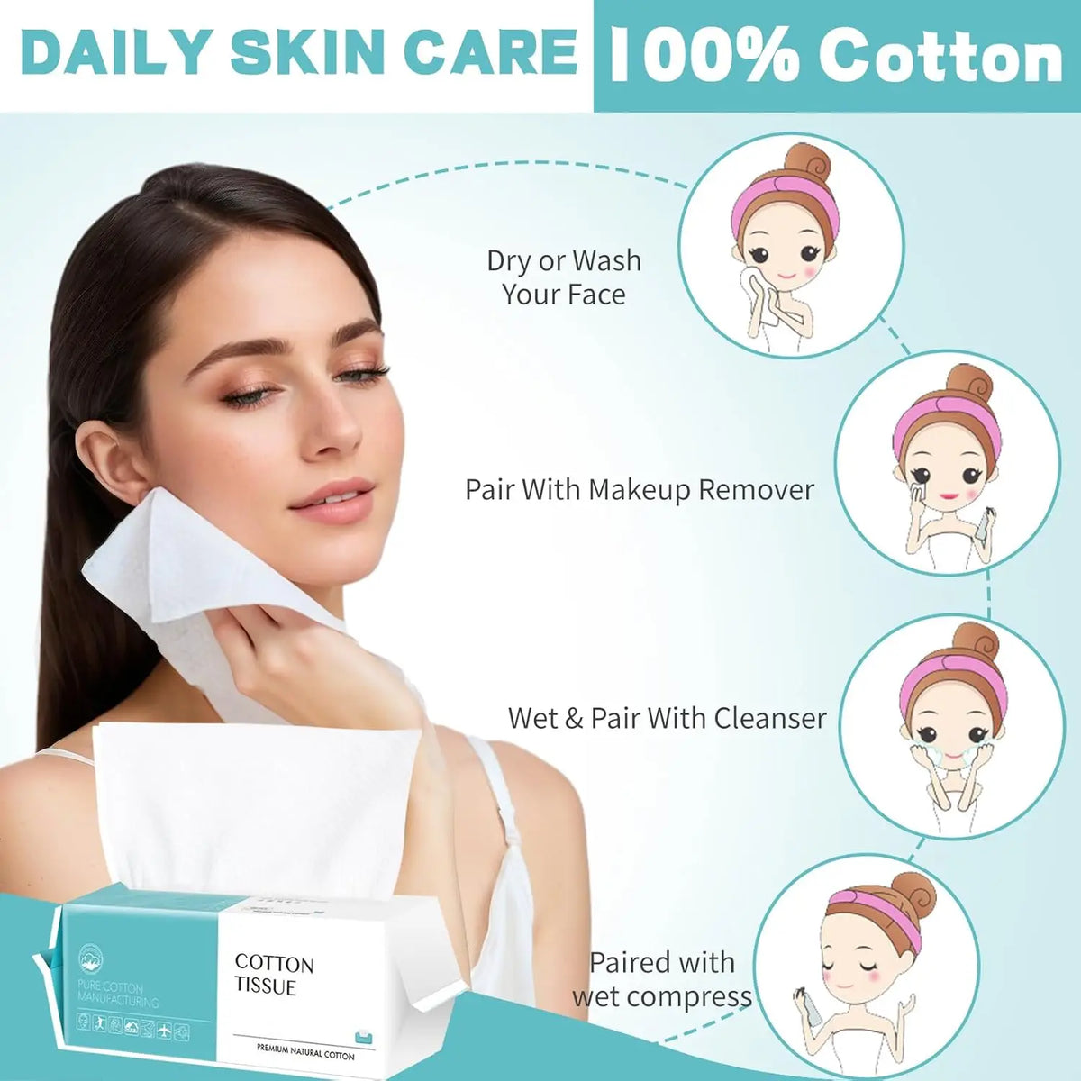 Box of disposable 100% cotton facial tissue paired with a wet compress for daily skin care